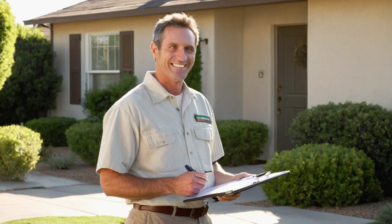 A friendly pest control provider talking with a homeowner outside a stucco ranch home in Moreno Valley