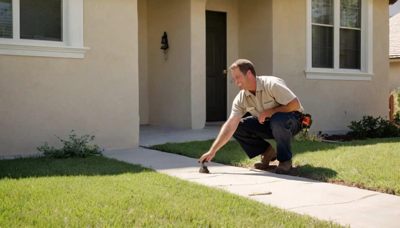A friendly pest control provider talking with a homeowner beside a stucco home in the Moreno Valley area